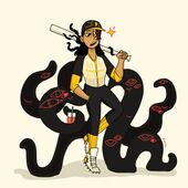 An image of Nagomi Nava, in her Sunbeams uniform & white cleats with yellow suns on the heel. The Passenger is a sprawling mass of tentacles behind her, whom she's leaning up against. She's holding her bat over her left shoulder, and has her other hand in her pocket. On one of the Passenger's tentacles rests a drink with a straw. There are a number of red eyes floating around the tentacles, and a cluster of them on the right side of her face where an eye would be.