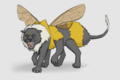 A digital drawing of Kit Honey as a bumblepanther, a large black and yellow animal with a panther head, bee wings, six panther legs, and a bee-like furry body with a long stinger or tail at the end. She is prowling towards the viewer with a snarl.