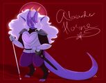A drawing of Lovers player Alexander Horne. Alex is a demon with purple skin, two long horns in place of eyes, long tusks and fangs, long ears with pink fur at the tips, digitigrade feet, long white hair, and a long tail. Alex is wearing a suit of silver armor decorated with heart shapes, carrying a white cane, and has a sword in a sheath at their hip. Alex is standing looking regal with a pink halo behind them and intense lighting. Their name is written in cursive next to them.
