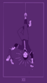 A purple monochromatic digital drawing of Morrow Doyle. They have light skin and short curly hair, and are wearing a baseball uniform. They are in the hanged man tarot card pose, suspended upside down from a rope around one leg, the other crossed behind it. They are holding a wilting flower in one hand and a pair of shoes by the laces in the other. There is a light halo around their head, and the roman numeral XII at the bottom.