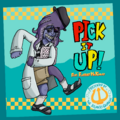 Artwork of a ska album titled "Pick It Up!" featuring Flattery McKinley. Flattery McKinley is seen on the left side skanking. Flattery is a humanoid fish woman with scaly, medium-blue skin, a somewhat skinny build, purple octopus hair, a left arm and right leg resembling tentacles, and sharp teeth. They are wearing a fedora, sunglasses, a black-and-white checkerboard shirt, cargo shorts, socks with sandals, and a lab coat. They are holding the Fifth Base under their left arm. They are placed in front of an abstract, teal oceanic background with yellow checkers at the top and bottom, and an uneven darker teal border. A "presented by the Atlantis Georgias" logo featuring a trident is in the bottom-right corner.