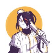 A digital drawing of Nagomi Nava. She is a Japanese woman with black hair tied back in a ponytail wearing a pinstriped Sunbeams jersey and smiling slyly. A black shadow with red eyes covers the left side of her face, and she is resting a blaseball bat on her left shoulder.