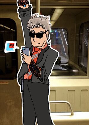 A digital drawing of Jon Halifax, a silver-fox-ish tall middle aged white man with salt and pepper hair. He is wearing a suit with the sleeves rolled up to the elbows, over top of a button up orange shirt and a red and blue tie in Crabs colors. He is wearing sunglasses and has a Secret Service style ear communicator in his ear. He has knit orange arm warmers over his forearms covering up an indistinct dark blob shape on his arms. He is standing in front of a photo of the Baltimore subway as a background and is checking his phone.