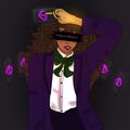 A digital drawing of the Reader as an individual with brown skin and wavy brown hair. They are wearing a white dress shirt with a dark green bow tie and dark purple blazer with matching dark purple lipstick. Above their head they are holding a tarot card between two fingers, and cards float behind them. Their eyes are obscured by a streak of black with the words "materia immateria" on it in their signature purple text.