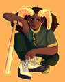 A digital drawing of Esme Ramsey. They are a Black woman squatting and leaning against a yellow bat and holding a pair of yellow shoes by their strings. She is wearing a green, yellow and blue pinstripe jersey and dark green pants. She has long, dark and curly brown hair and gold ram horns.