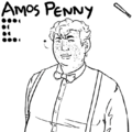 A bust line drawing of Amos Penny, a fat butch living bronze statue with oxidation freckles. he has short curly hair and oxidation freckles, and is wearing a button-up with a bow tie and suspenders.