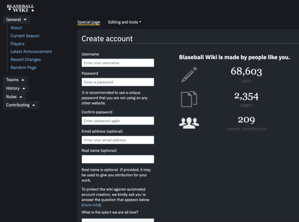 A Screenshot of the wiki's account creation page.
