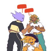 A digital drawing of Iggy Delacruz arguing with Zack Sanders over who gets to be Alvin in their Alvin and the Chipmunks group costume. In the foreground, Miguel James is crouched and holding up a peace sign.