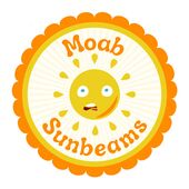 A sun with a worried expression in the center of an orange, yellow, and white circle. The words \"Moab Sunbeams\" encircle it.