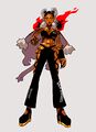 A digital, full body drawing of Ayanna Dumpington. Her body is a warm amber color with edges and facets akin to whiskey bottles. Her hair is 2 burning clothes, shaped into a two severe pigtails, mimicking a burning molotov cocktail, She is dressed in a black sports bra, black pants with laces at the sides and 'Jack Daniel's" branding at the side, black platform heels with golden soles. On her shoulders is a fur edged jacket with tiger print and her nails are long and painted black. She smiles at the viewer, one hand outstretched.