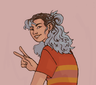A drawing from the waist up of Lou Roseheart. Her hair is blue with brown roots, and half of it is pulled into a bun. The rest of her hair falls around her shoulders in waves, and her bangs fall on the right side of her face. She is wearing a red striped shirt and is looking over her left shoulder, while flashing a peace sign with her right hand and smiling. /end image description