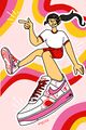 A digital drawing of Percy Wheeler flexing her hot air shoes. She's wearing a white t-shirt with red shorts, and her hair is tied back in a ponytail. Her hot air shoes are white with red hearts doodled on them, red laces, and a pink Nlike swoop. She's holding one hand up pointing a finger gun.