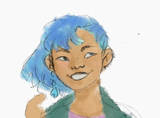 A digital drawing of Lou Roseheart. The drawing is a simple headshot of Lou, whose light blue hair is cut short and shaved on one side of her head. there is a small braid in front of her left ear, and she has small piercings on her right ear. She grins and looks to the right of the image, and is pointing at herself./ end image description
