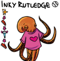 A digital drawing of Rutledge, an orange octopus wearing a pink shirt with a heart on it.