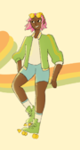 A digital drawing of Hahn Fox. She's a dark skinned woman with pink tentacles for hair. She's wearing a light green jacket with a double yellow stripe down each sleeve over a white shirt, light blue shorts, and light green rollerskates with yellow wheels along with white crew-cut socks. A pair of yellow sunglasses sit balanced on her head. The background is pale yellow with a row of faded, green, dark yellow, and orange stripes swirling across.