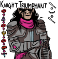 A digital drawing of Knight, a person in a suit of armor with long unruly black hair and black streaks radiating from shadowed eyes. Their elbows have lift arrows, they are wearing a pink bandanna around the neck, and are holding a helmet in their hands. Emojis of all teams up to Season 22 are shown on the side.