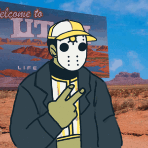 Gif of Joe Voorhees flashing a peace sign and fading away in front of the \"Welcome to Utah\" sign.